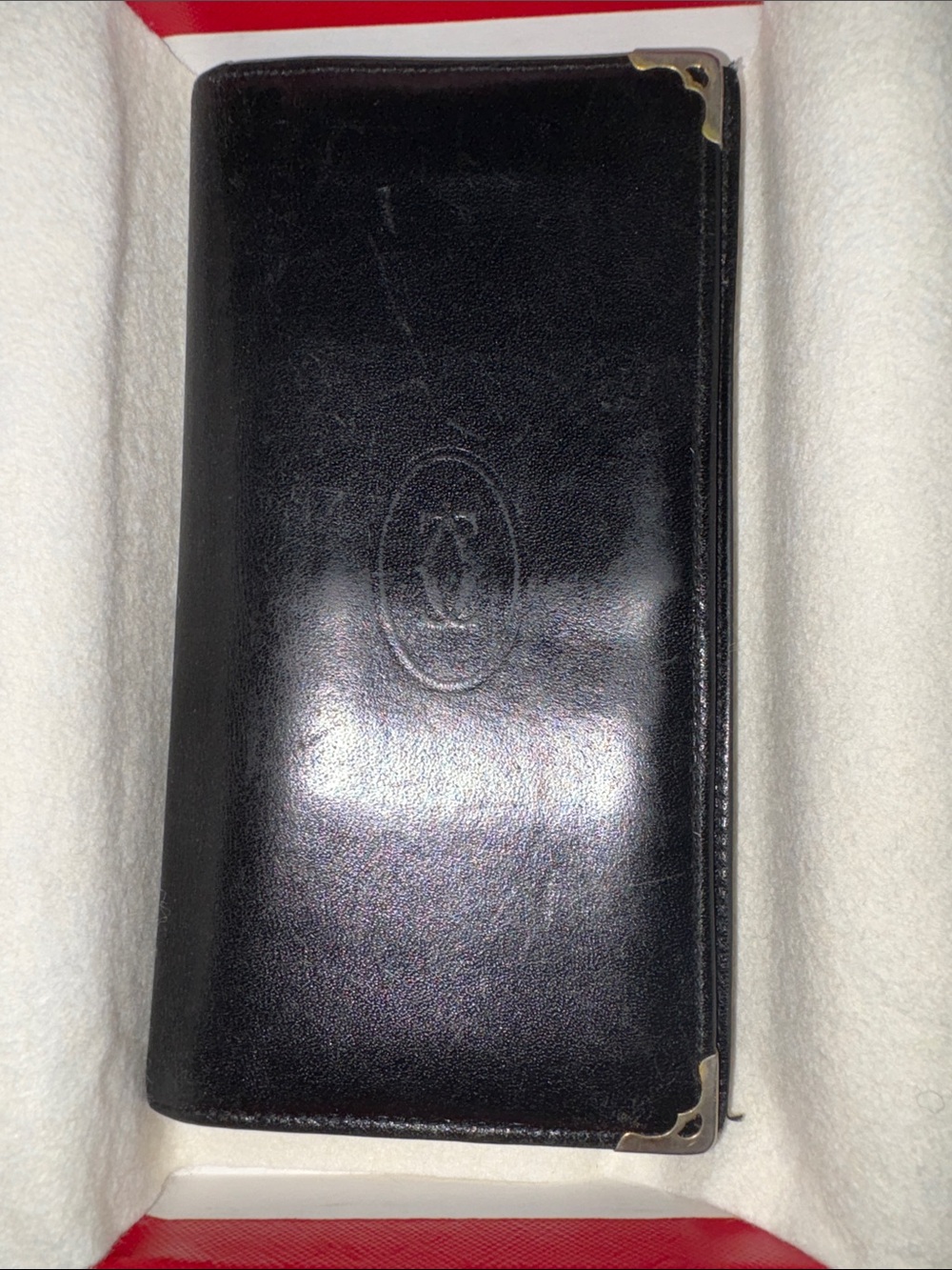Cartier Black Leather Wallet Case with Gold Corner Accents